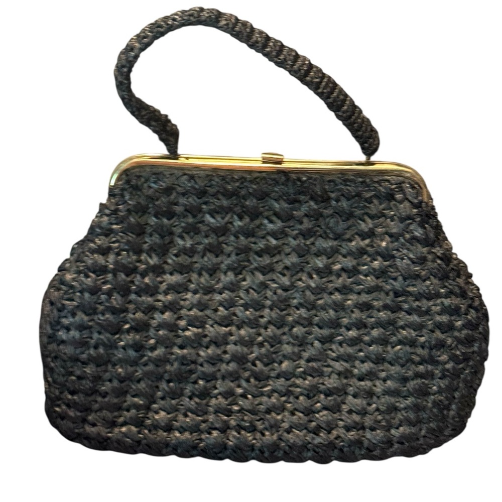 Elegant Vintage Black Woven Straw 1950s Handbag LG